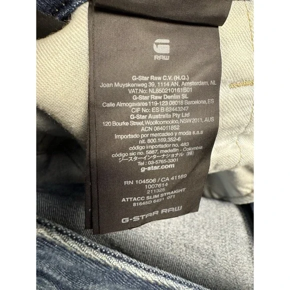 G Star Raw Jeans Mens 33x30 Blue Attacc Slim Straight Whiskering Faded $190